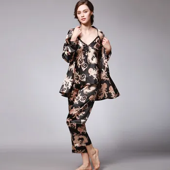 2020 pidžame za žene proljeće simulacija Svila print pidžama komplet od tri dijela s dugim rukavima, hlače potkošulja pijama feminino L42