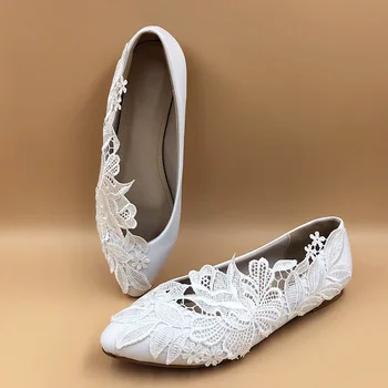 Apartmani cipele žena PU skliznuti na preklop balerina Ženske cipele čipke oštar nos Vjenčanje college bijele cipele