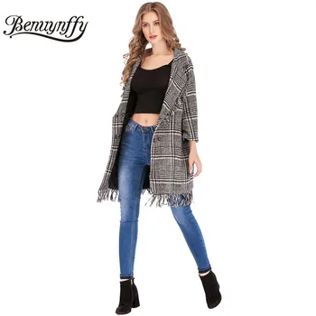 Benuynffy Women ' s Vintage 3/4 Sleeve Houndstooth Tweed Coat Jesen Zima ženska casual odjeća dugo vuneni kaput s кисточками