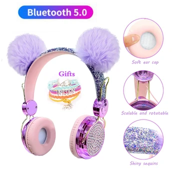 Bling Girl Kid Bluetooth Bežične Slušalice S Mikrofonom Luksuzni Sjaj Slatka Hairball Music Kaciga Žični Telefon Slušalice Poklon