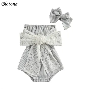 Blotona Newest 2Pcs Baby Summer Outfits, prugasta kombinezon bez naramenica s кружевным luk+traka za kosu kostim za djevojčice 0-24 mjeseca