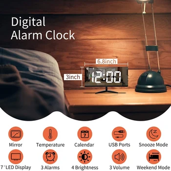 Digitalni alarm,7-inčni led mirror elektronički prikaz,temperatura,model ponavljanja,automatsko/prilagođeni svjetlinu,za ured