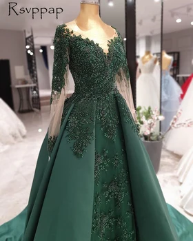 Duga Večernja Haljina 2020 Sirena Stil Dugi Rukav Sheer Zupčasti Luksuzni Perle Smaragdno Zelena Dubai Žene Svečana Večernja Haljina