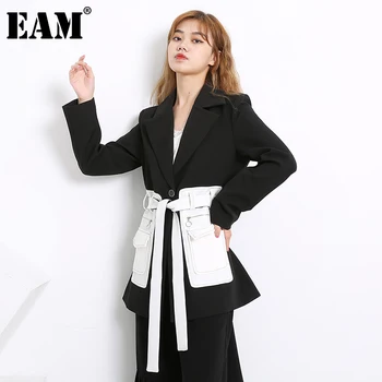 [EAM] ženski crna kontrastnoj boji džep blazer novi rever dugi rukav slobodnog rez jakna moda plima proljeće i jesen 2021 1S39401