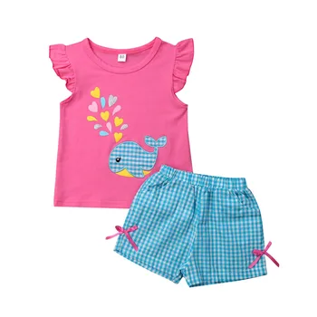 Kids Baby Girl Casual Summer Sets Clothes Whale Print Short Sleeve T-shirt Tops+Pokrivač Shorts 2Pcs Outfits Cotton Girl Sets 6M-5Y