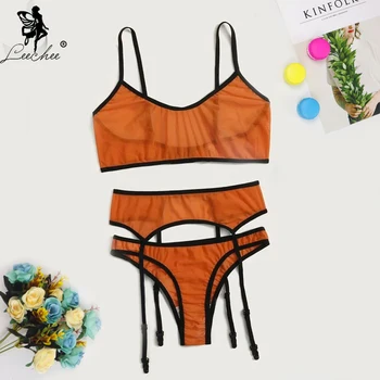 Leechee Women Bra set 3pcs Unlined Sexy Lingerie 5/8 cup Wire Free Bralette Thong set Fashion Breathable Intimates Underwear set