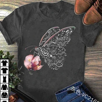 Lugentolo Harajuku Plus Size TShirt Women Summer Floral Butterfly Print Short Sleeve Round Neck Casual Susret Vama.na Womens Tees