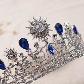 Luksuzni Elegantan Plave Crystal Star Mesec Vjenčanje Crown Tiaras Gorski Kristal Natječaj Vijenac Veo Tijara Vjenčanje Pribor Za Kosu