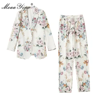 MoaaYina modni dizajner odijelo proljeće i jesen žene s dugim rukavima jedan gumb odijelo vrhovima + cvjetni print hlače od dva dijela set