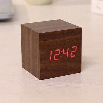 Multifuctional Wood Cube Digital LED Desk Alarm Clock Timer Calendar Sound Control Desk Alarm Clock Table Decor 6cm x 6cm x 6cm
