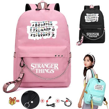 Nove čudne stvari platnu ruksak USB punjenje žene student ruksak pisma ispis školska torba teen djevojke ruksak trake