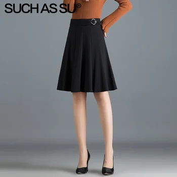 Novi pleteni nabrane suknje žene 2019 jesen zima Crna visokim Strukom trapezoidni-link suknja S-3XL plus size slobodno vrijeme suknja dužine do koljena ženska