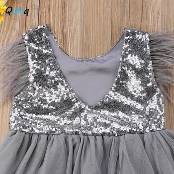 Qunq Baby Toddler Princess Dress Summer Sequined Mesh Kids Party Costume for Girl Backless Feather Sleeve Children Fairy Outfits