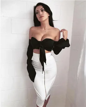 Seksi Solid Zipper Dužina Do Koljena Seksi Black White Celebrity Bodycon Bandage Ženska Suknja Večernje Suknje