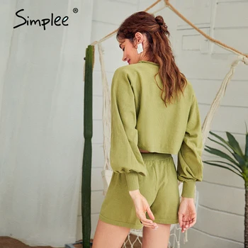 Simplee Casual solid new women ' s two piece suit Summer Bubble Sleeve Top Shorts Set seksi navel sweater two piece set