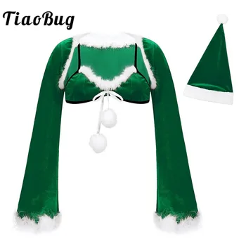 TiaoBug Women Christmas Sexy Miss Santa Elf Costume Adult Flannel Backless Long Sleeve Bolero with Feather Trim grudnjak i Božićno šešir