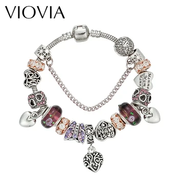 VIOVIA Vintage Silver Color Charm staklene narukvice za žene Crystal Heart Bead narukvice i narukvice Pulseras DIY Jewelry B16147