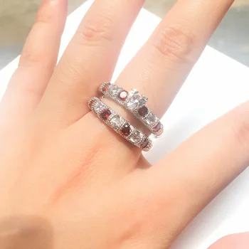 Visoke kvalitete Crvena CZ Cirkon ring set za žene 925 sterling srebra nakit srcu Crystal Zaruka obećanje prsten postavlja novi