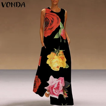VONDA Summer Dress 2021 Women Sexy Sleeveless O Vrat Tank Dresses Plus Size Floral Vintage Printed Party Robe Bohemian Vestidos