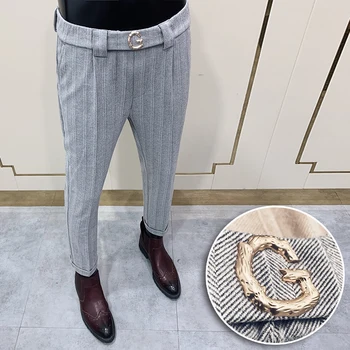 Vunene korejski poslovne hlače za muškarce casual tanko odijelo hlače elastičan pojas dužine do gležnja vanjska odjeća za formalne pozivnice za hlače