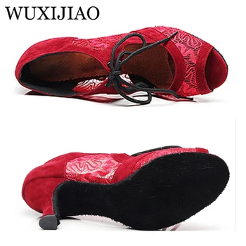 WUXIJIAO Lace Latin Dance Shoes Red and Black For Woman Ballroom Dancing Shoes Salsa Dance Performance Cipele peta 8.5/10cm