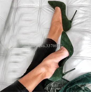 Žene klasični stil Oštar čarapa tamno zelena antilop koža Stilet peta pumpe skliznuti u visokim petama večernje cipele za vjenčanje
