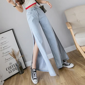 žene Koreja dizajn uredan djevojke traper hlače s visokim strukom svijetlo plave široke traperice hlače hlače Flhjlwoc Seksi pukotine traperice 7216