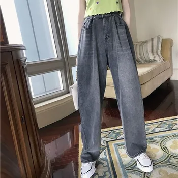 Ženske traperice Ravnih serija džepni široke noge Ženske jeans traperice visokog struka Harajuku Ženski kombinezoni ulične hlače