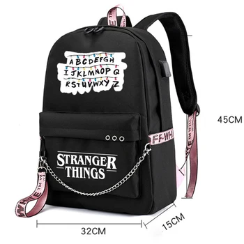 Nove čudne stvari platnu ruksak USB punjenje žene student ruksak pisma ispis školska torba teen djevojke ruksak trake