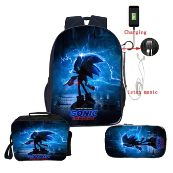 3 kom set Sonic veliki ruksak školski ruksak USB punjenje teen dječaci girl ruksak žene knjiga torba natrag u školu torba kutija za olovke