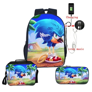 3 kom set Sonic veliki ruksak školski ruksak USB punjenje teen dječaci girl ruksak žene knjiga torba natrag u školu torba kutija za olovke